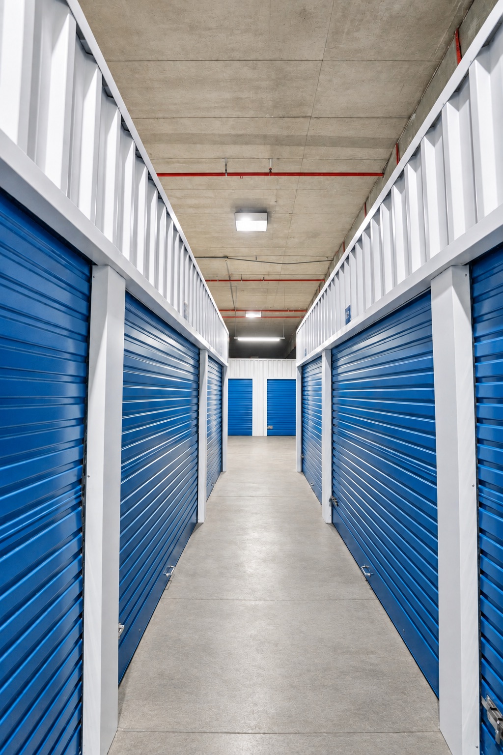 Central aisle between blue storage doors